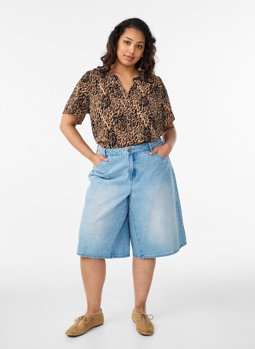 Blouse &agrave; manches courtes et encolure en V, Marron, Model image number 1