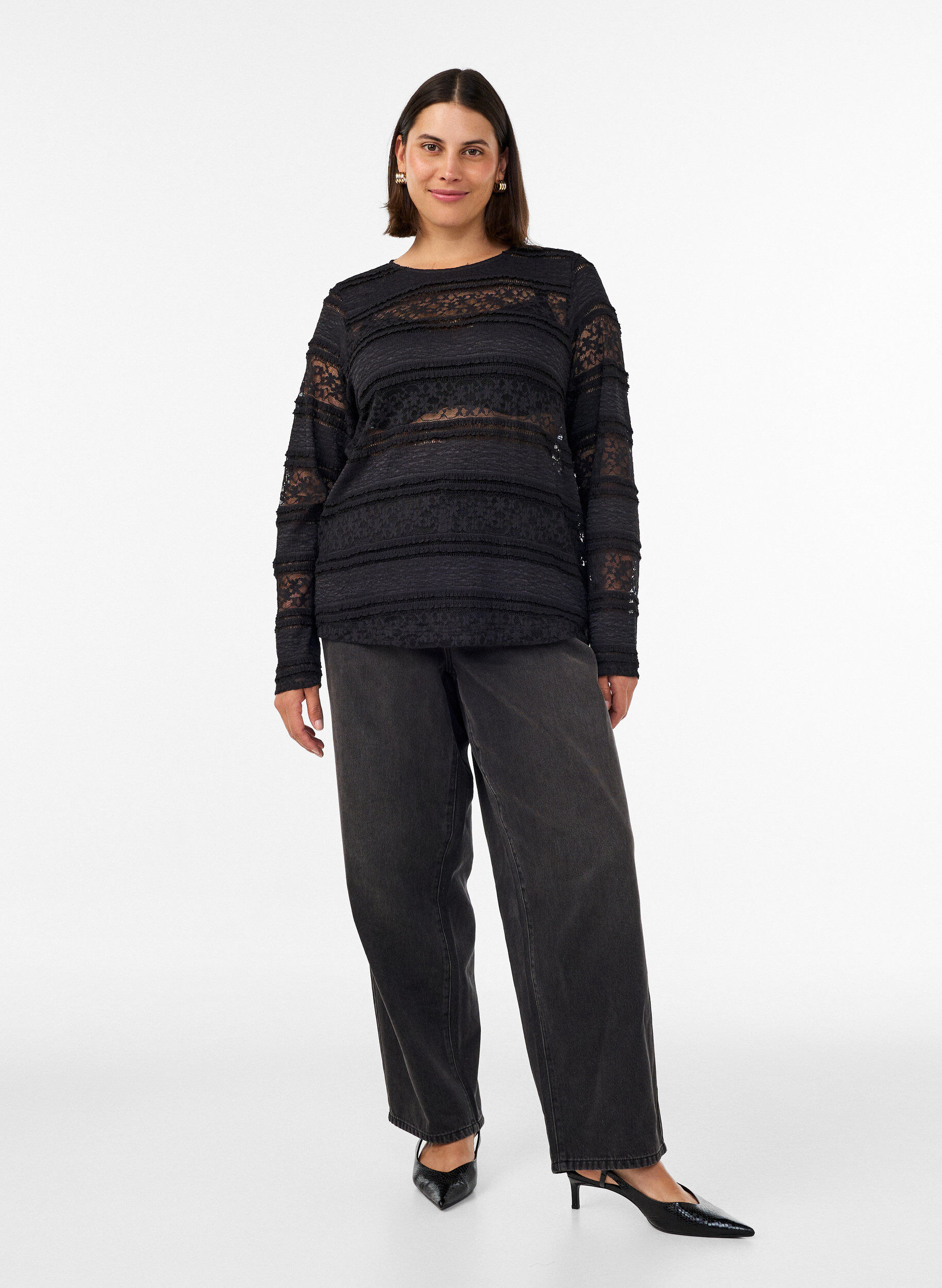 ZizziKanten blouse met lange mouwen, Zwart, Model image number 1