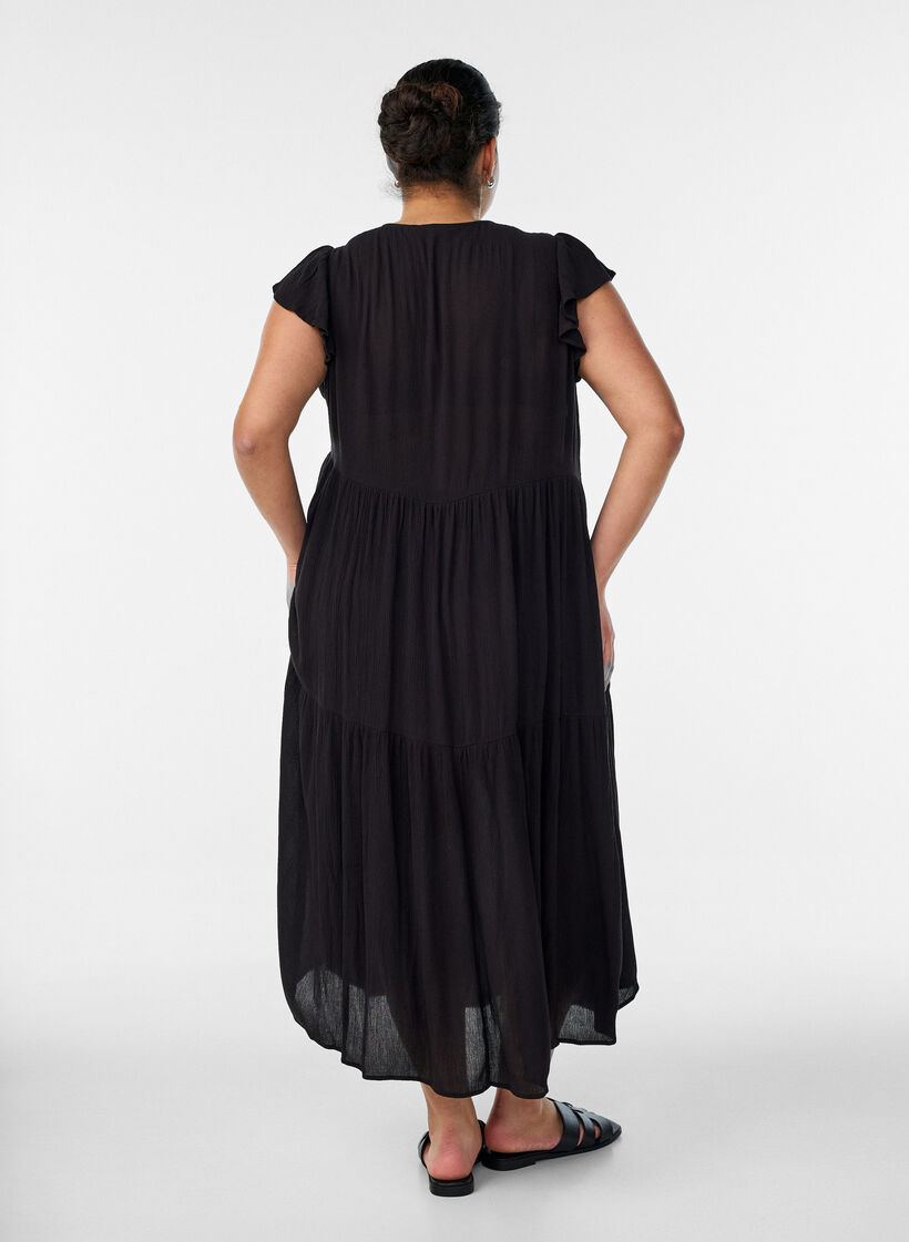 Midi jurk van viscose met ruches mouwen, Zwart, Model image number 1