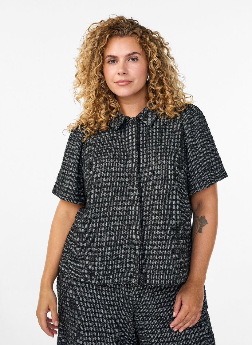 Bouclé shirtblouse met korte mouwen, Zwart, Model image number 0