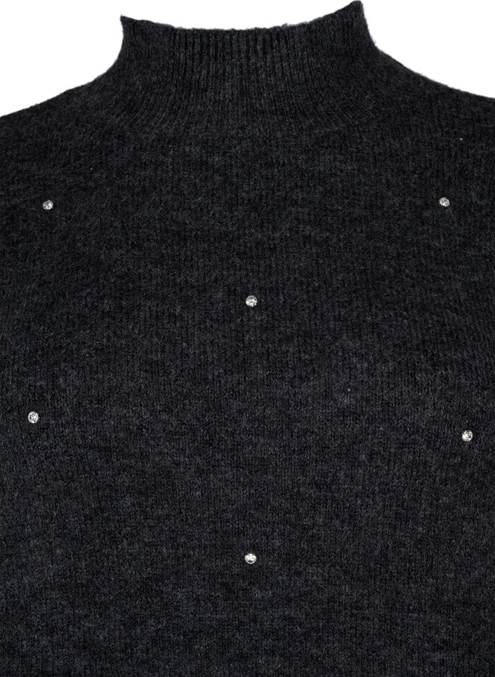 Gebreide blouse met bergkristallen en een hoge halslijn, Dark Grey Melange, Packshot