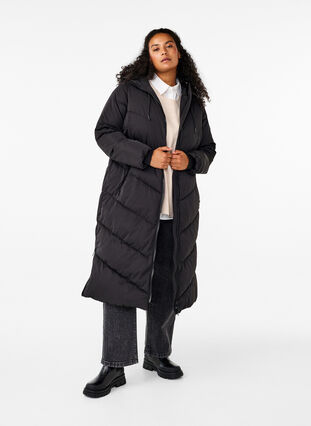 ZizziLange pufferjas met capuchon en zakken, Black, Model image number 1