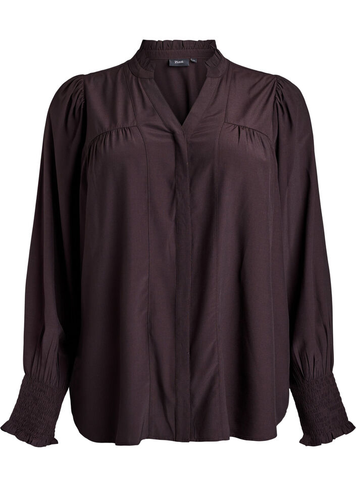 Blouse met ruches kraag en plooien, Bruin, Packshot image number 0
