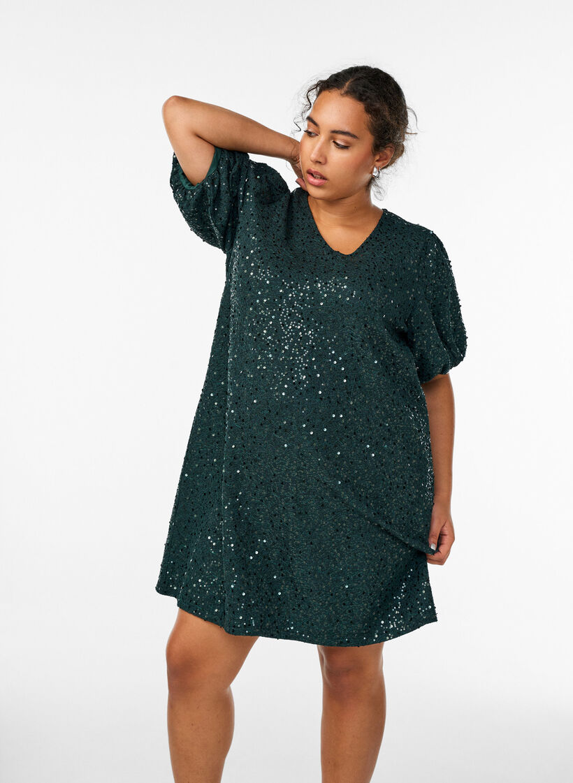 Korte jurk met pailletten en pofmouwen, Groen, Model image number 1
