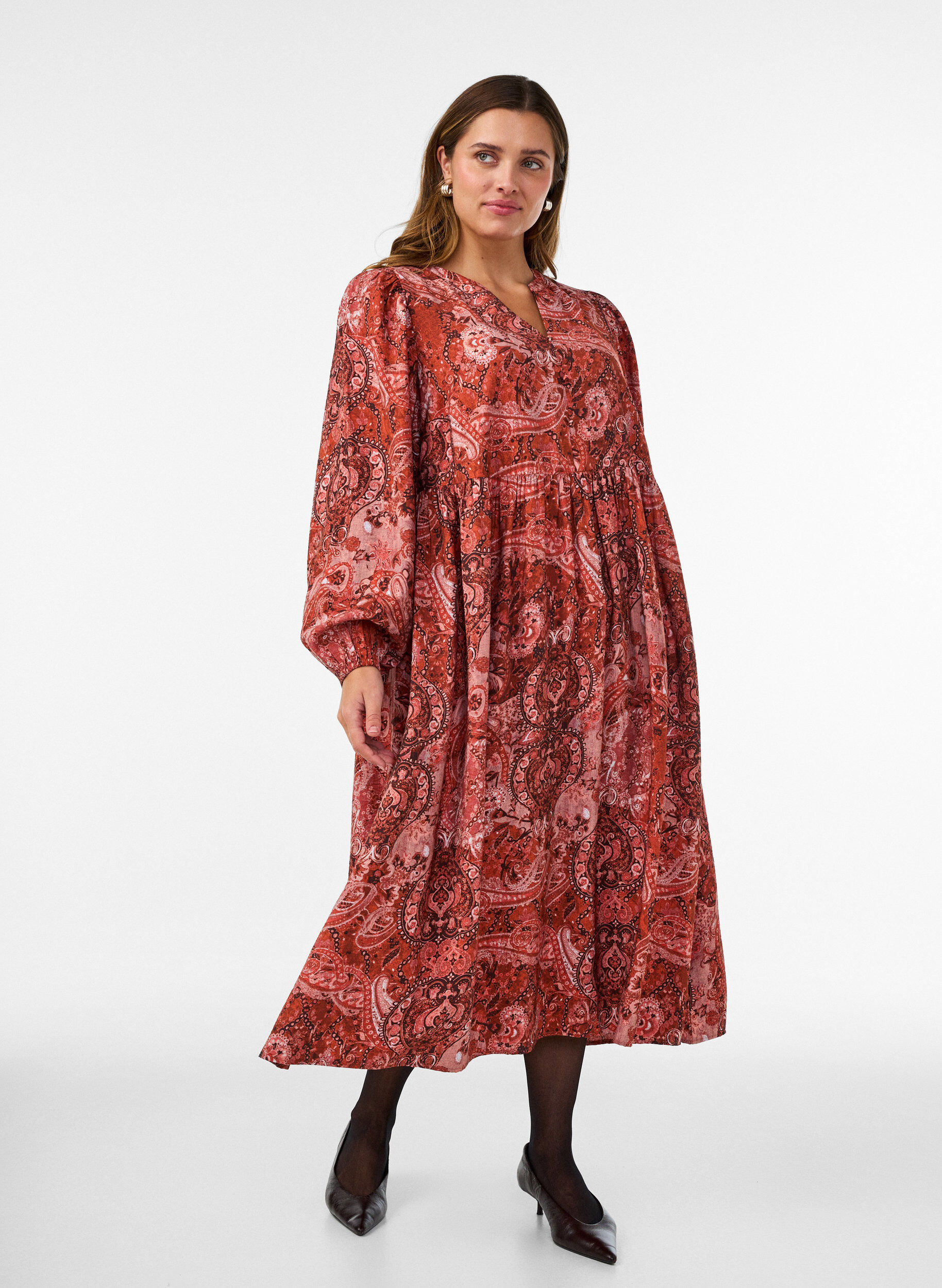 Viscose midi-jurk met paisleyprint, Oranje, Model