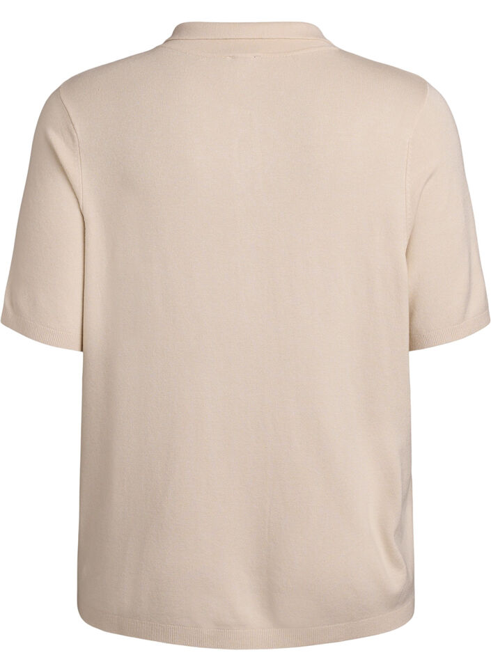 Fijngebreid poloshirt met korte mouwen, Beige, Packshot