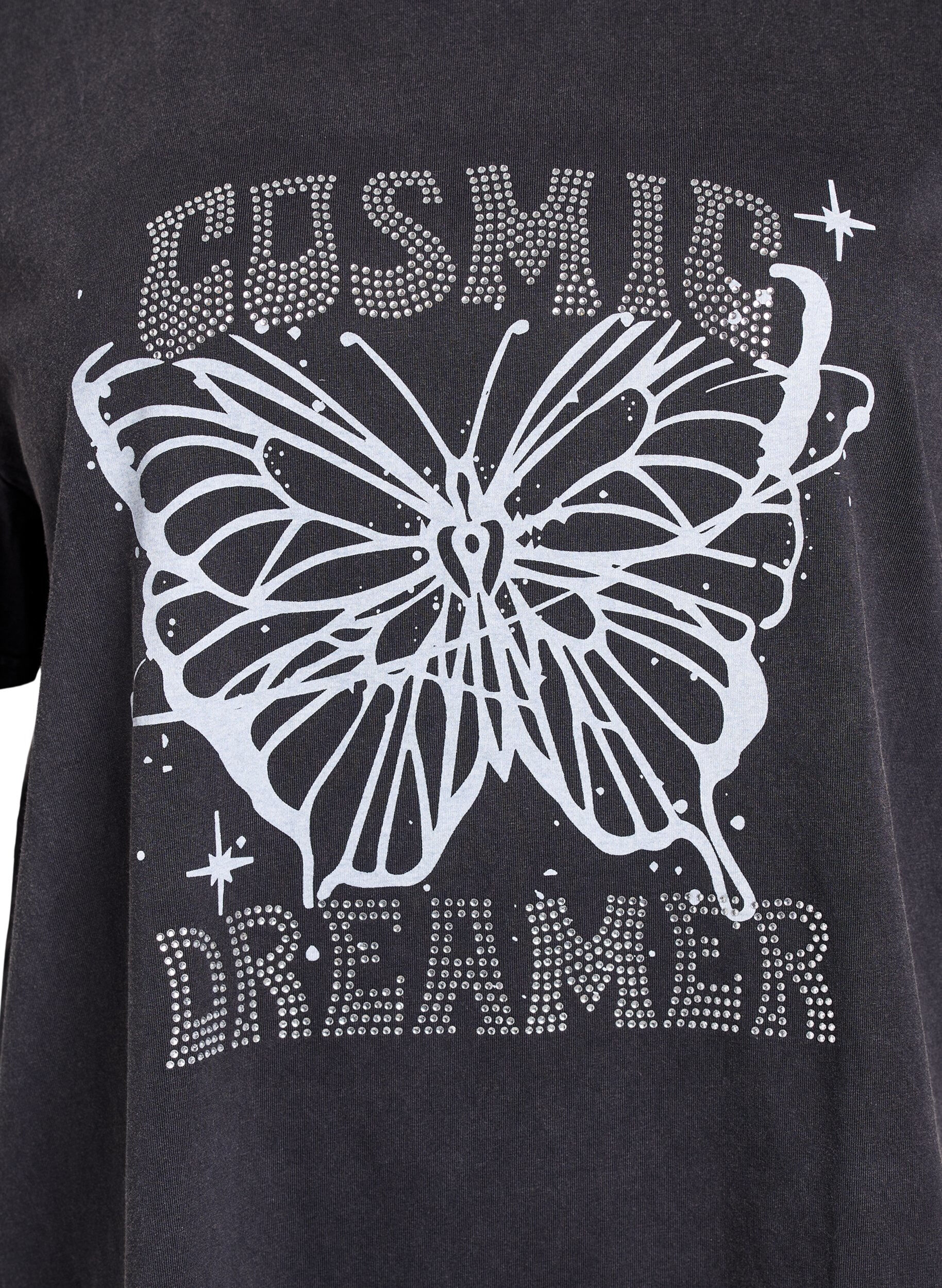 ZizziBiologisch katoenen T-shirt met strass en vlinder motief, Grijs, Packshot image number 2