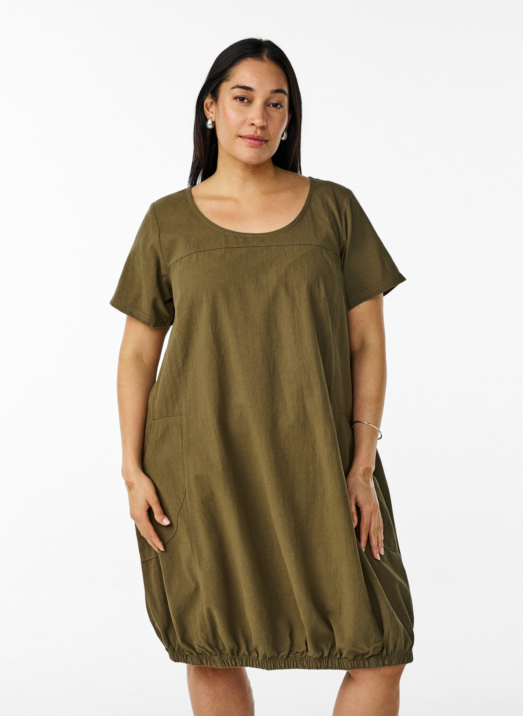 ZizziKatoenen jurk met korte mouwen, Groen, Model image number 0