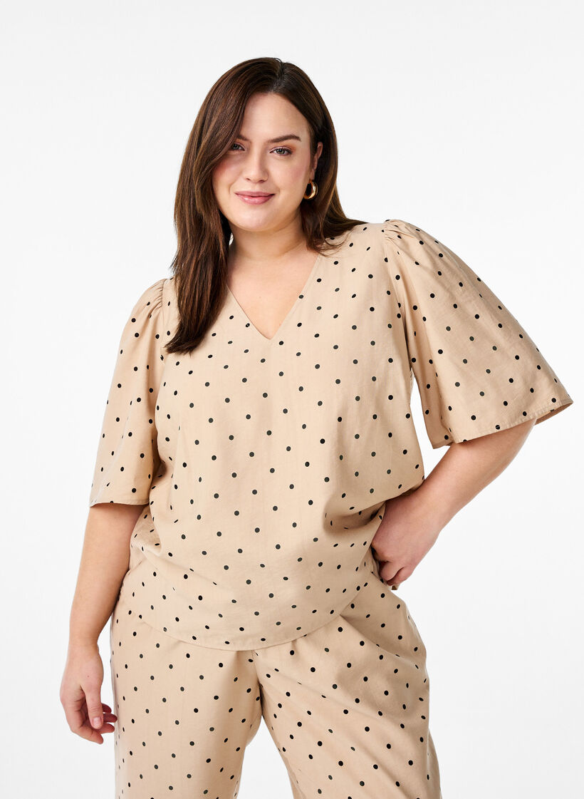 Blouse met losse mouwen en een V-hals, Doeskin w. dot AOP, Model