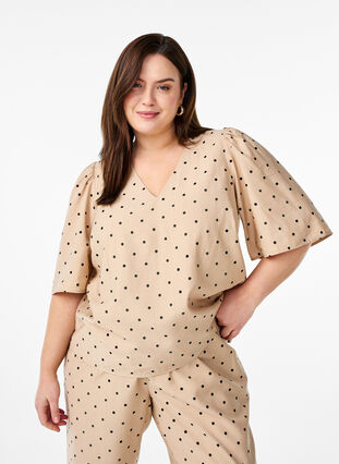 ZizziBlouse met losse mouwen en een V-hals, Doeskin w. dot AOP, Model image number 0