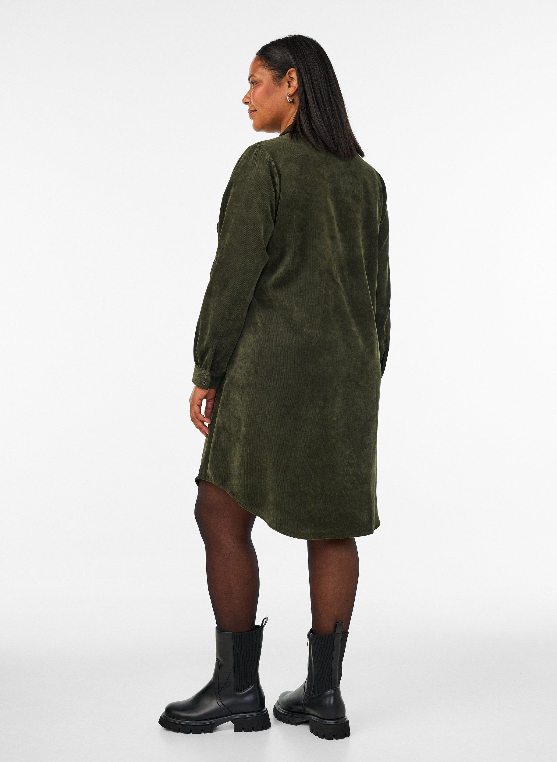 ZizziCorduroy overhemdjurk met kraag en knoopsluiting, Groen, Model image number 2