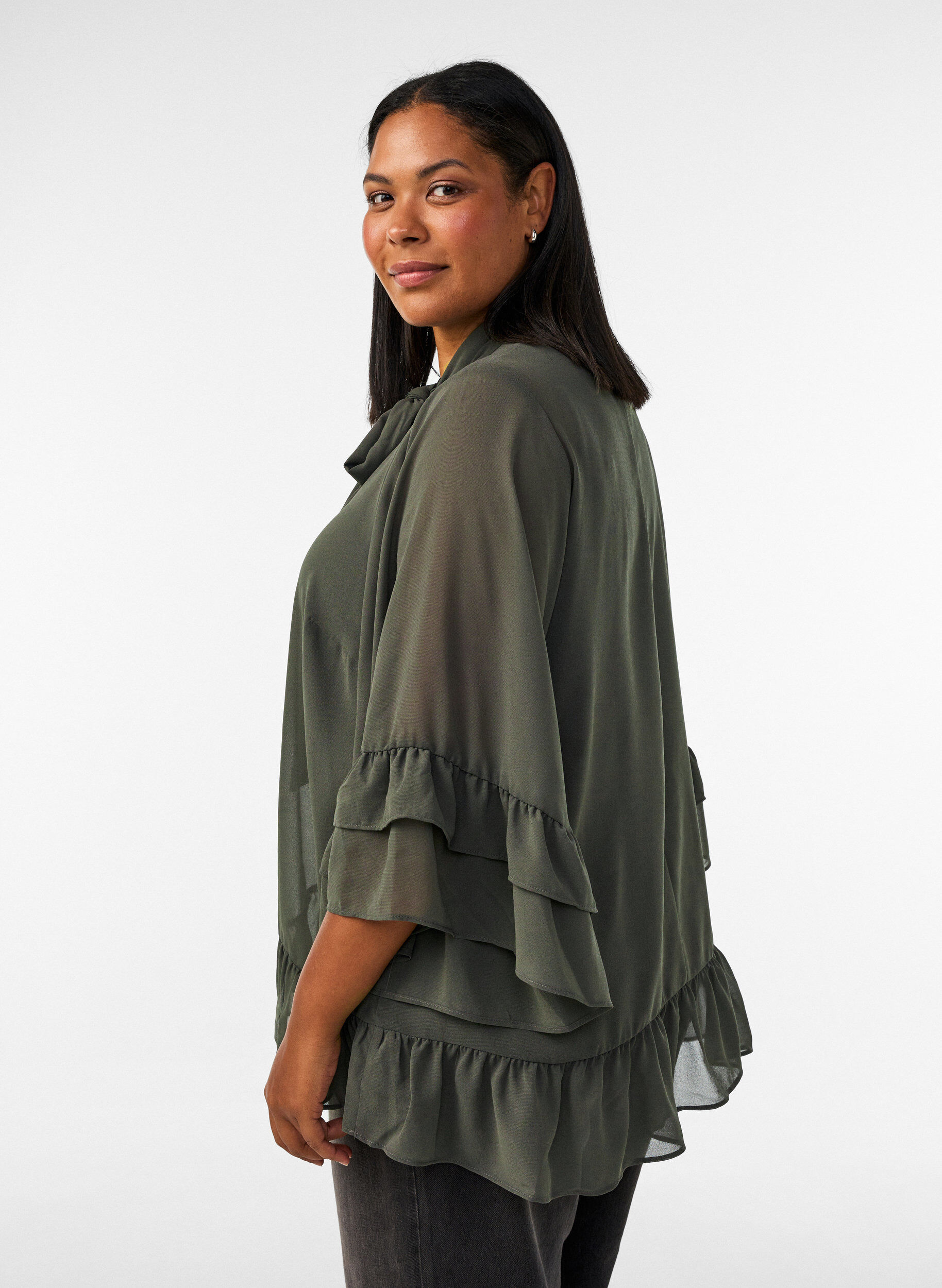 ZizziBlouse met striklint en ruches, Grijs, Model image number 2