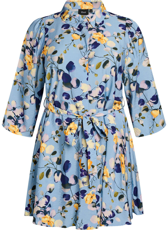 Getailleerde tuniek met een strikceintuur en 3/4 mouwen., Blauw, Packshot image number 0