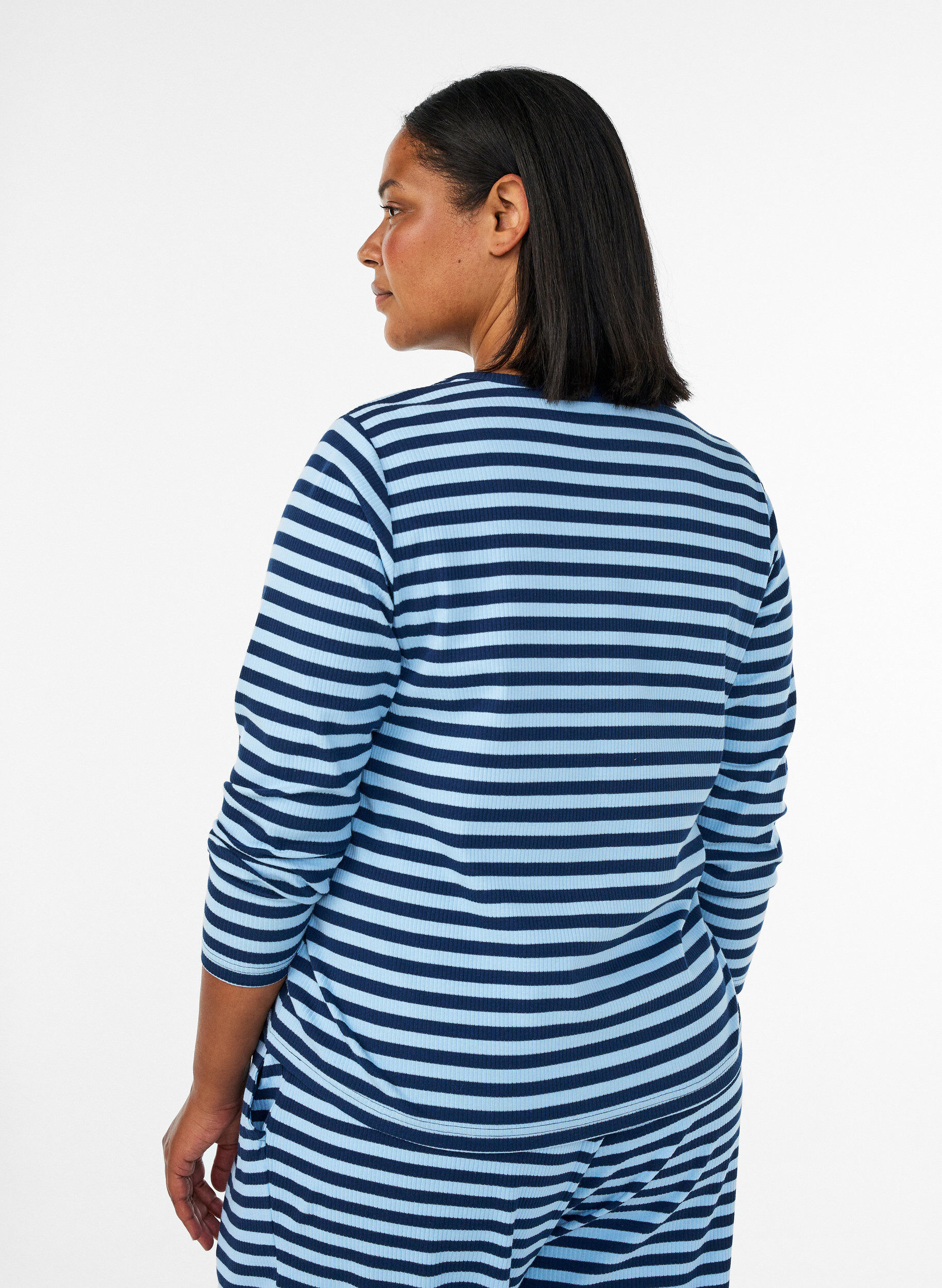 ZizziNachtbovenstuk met lange mouwen in geribde jersey met strepen, Blauw, Model image number 2
