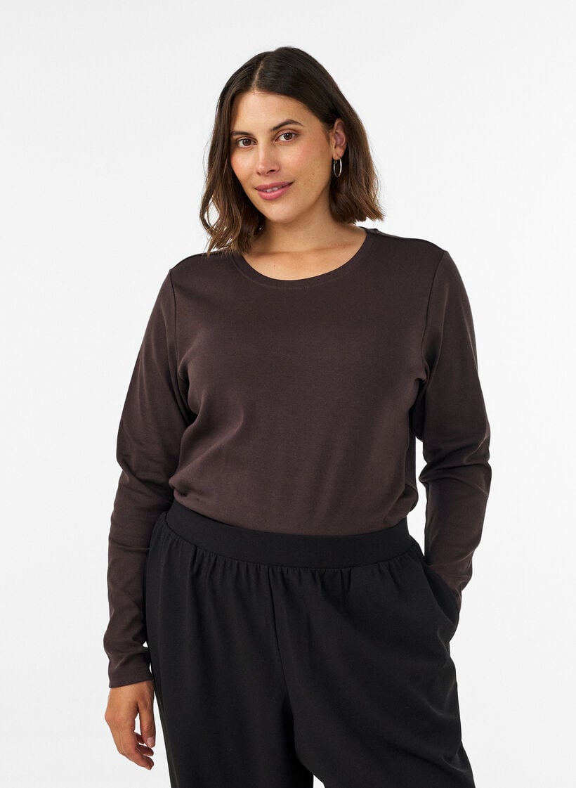 Basic T-shirt met lange mouwen en ronde hals, Bruin, Model image number 0