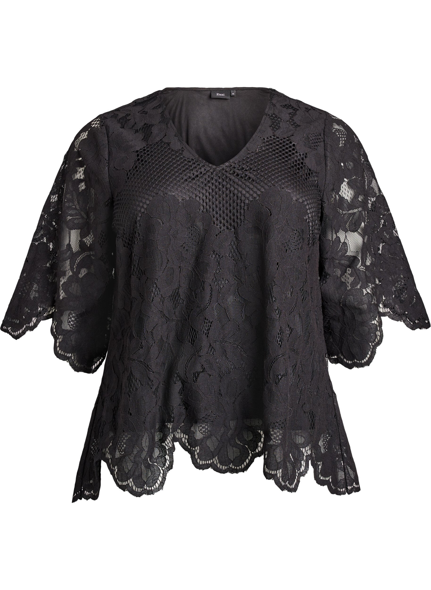 Kanten blouse met V-hals en 1/2 mouwen