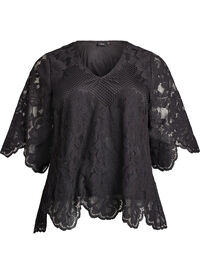 Kanten blouse met V-hals en 1/2 mouwen, Zwart Kanten blouse met V-hals en 1/2 mouwen