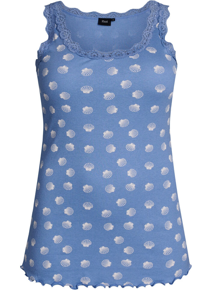 Top met print en kanten rand, Blauw, Packshot image number 0