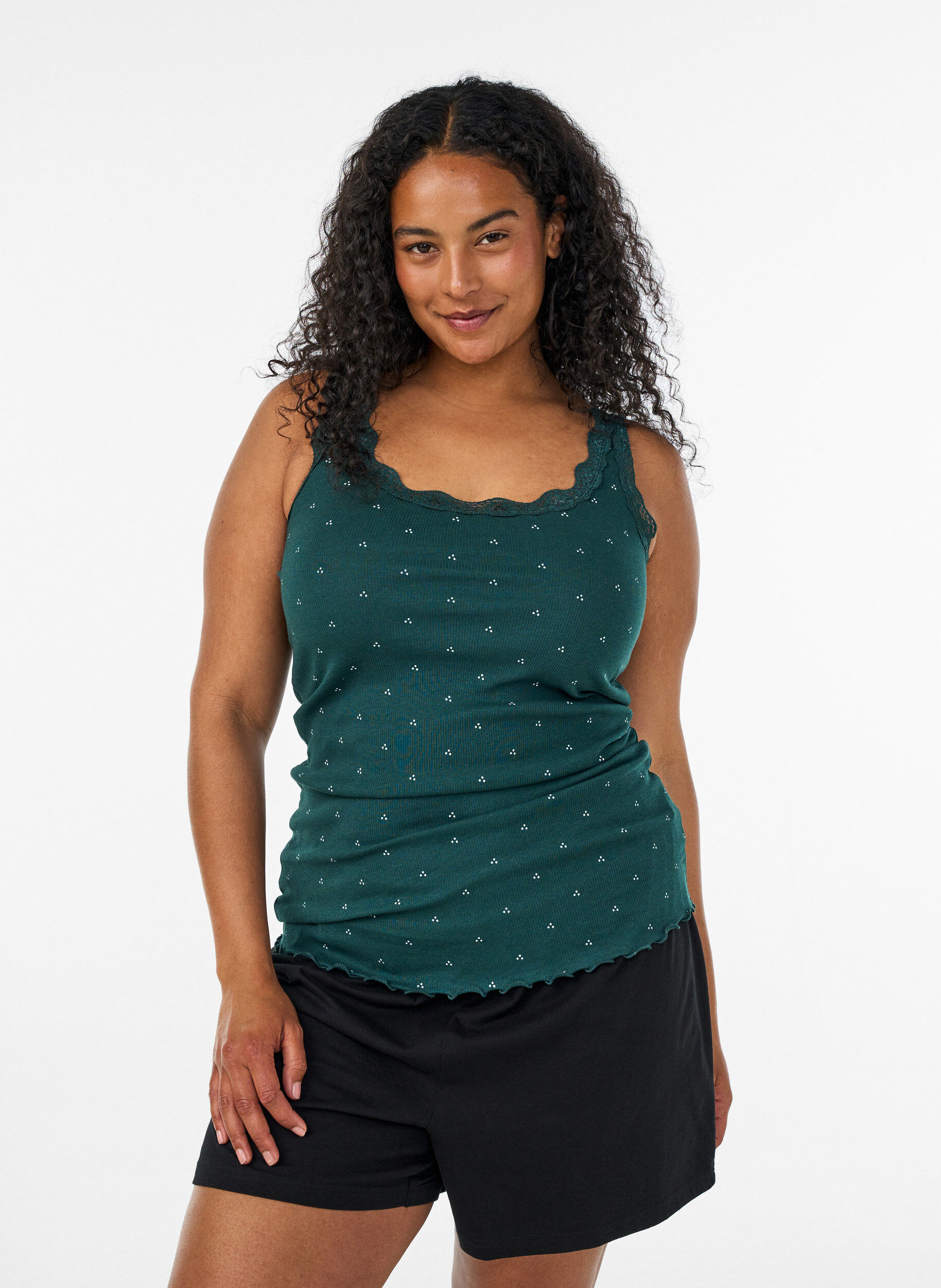 Top met print en kanten rand, Groen, Model