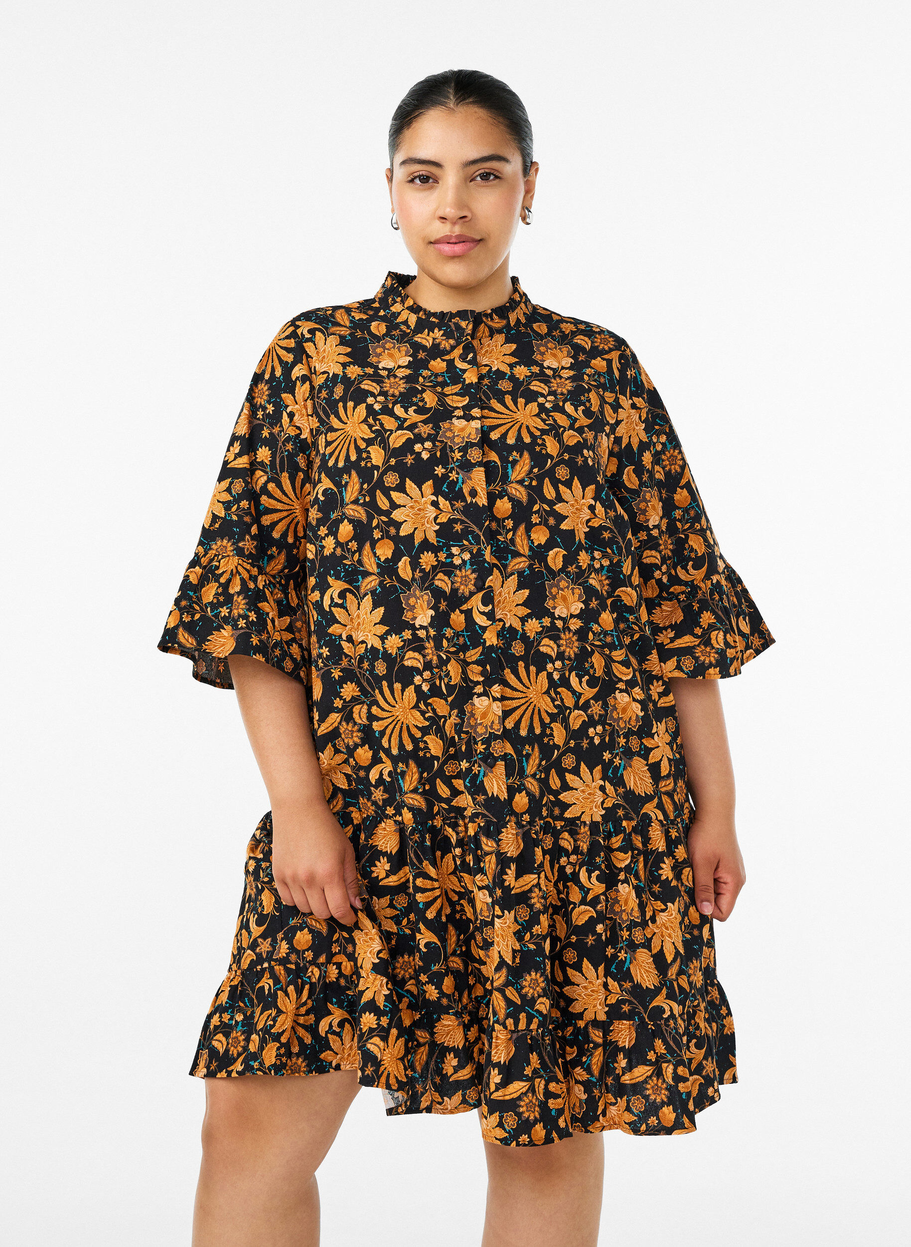 Katoenen bloemenjurk met ruchedetails en een losse A-lijn vorm, Oranje, Model
