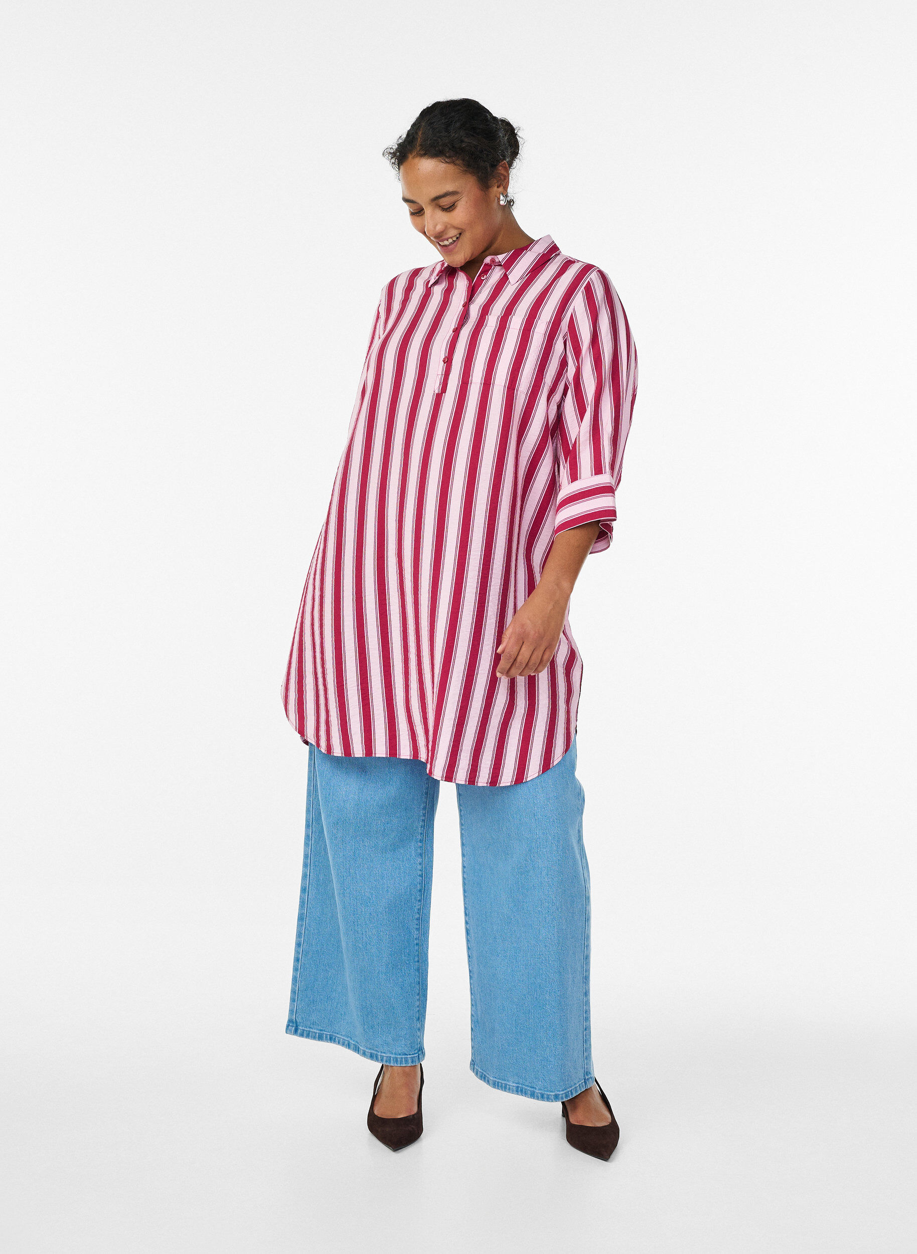 ZizziKorte jurk met kraag en borstzak, Roze, Model image number 1