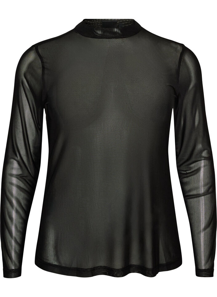 Getailleerde blouse van mesh met lange mouwen, Zwart, Packshot image number 0