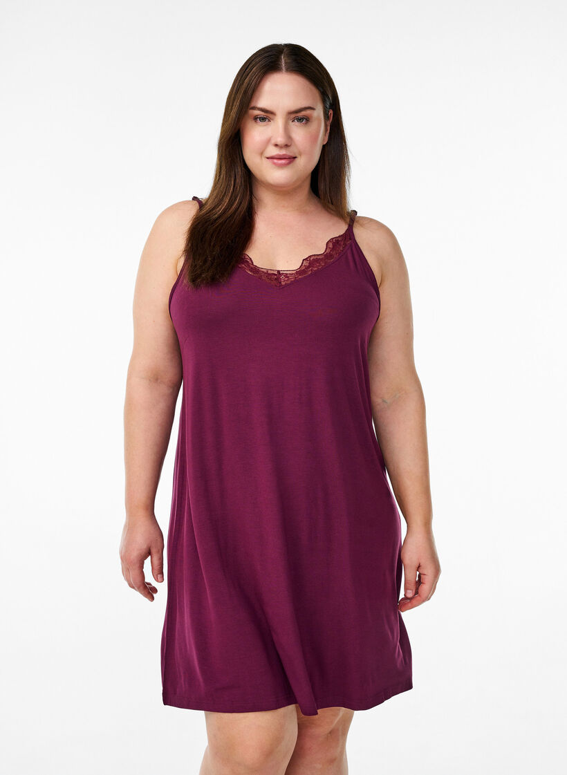 Chemise de nuit avec bord dentelle en viscose, Bordeaux fonc&eacute;, Model image number 0