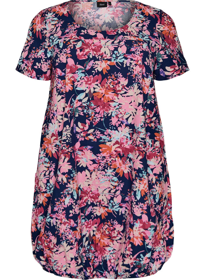 Katoenen jurk met korte mouwen en print, Blauw, Packshot image number 0