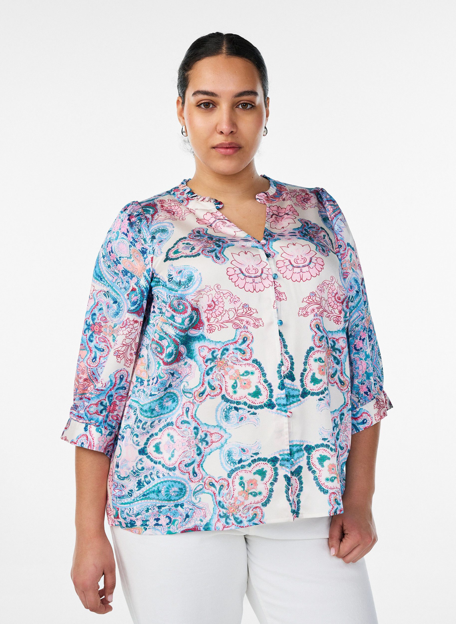 Blouse met satijn-look en paisleyprint met 3/4 mouwen, Blauw, Model