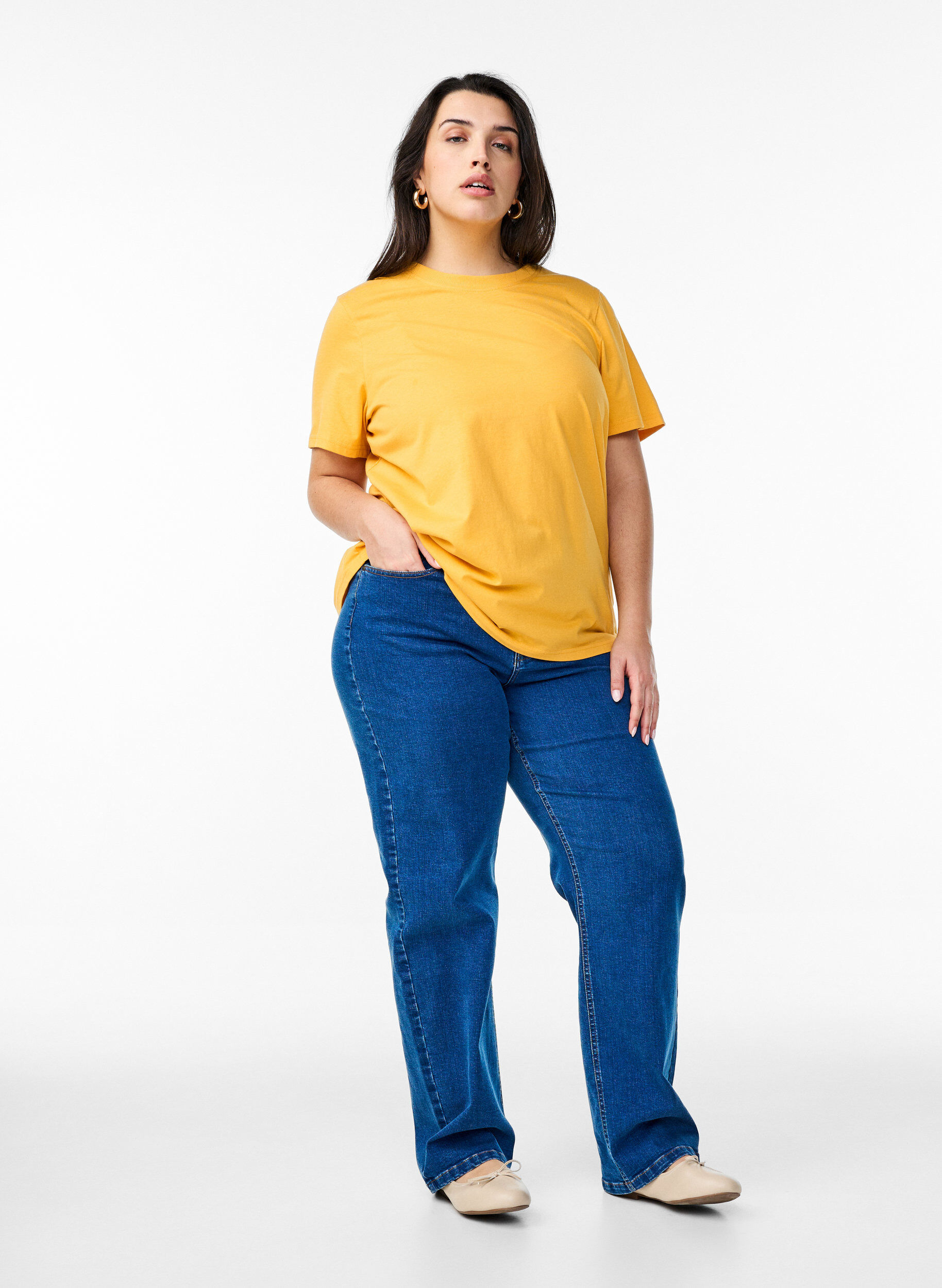 ZizziBasic katoenen T-shirt met ronde hals, Geel, Model image number 1