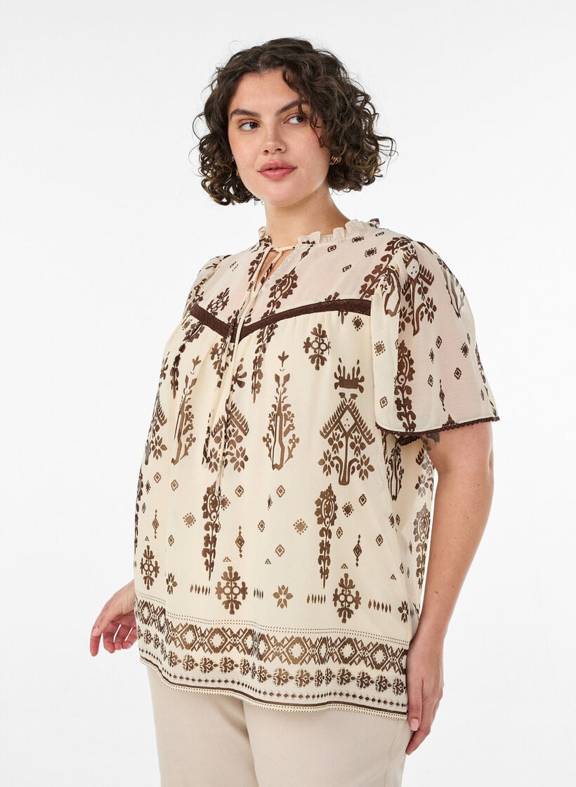 Blouse met patroon en gehaakte afwerking, Beige, Model image number 0