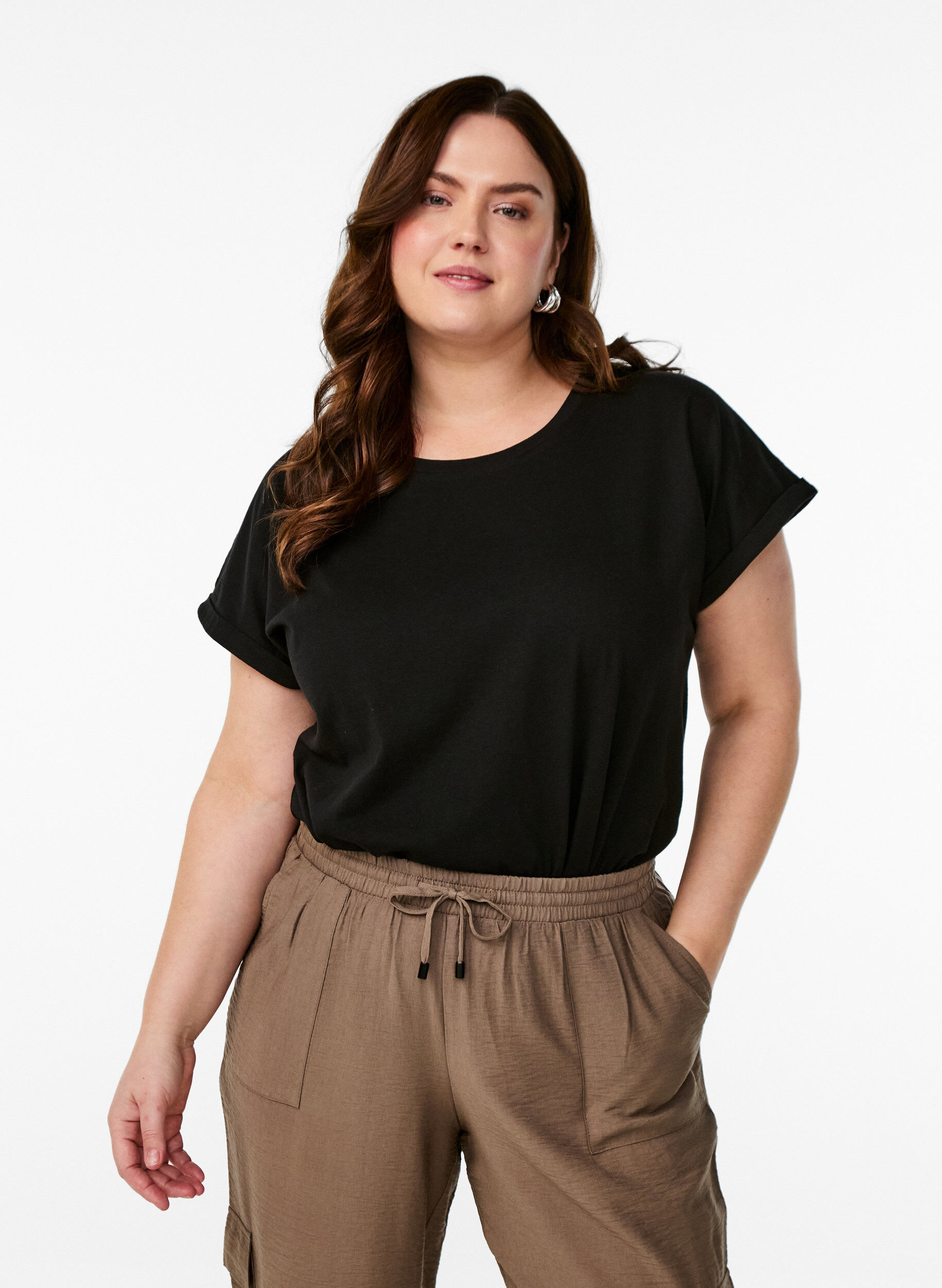 ZizziT-shirt met korte mouwen van katoenmix, Zwart, Model image number 0