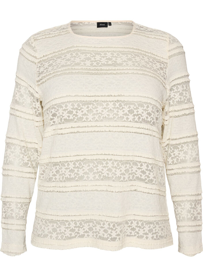 Kanten blouse met lange mouwen, Vanille, Packshot image number 0