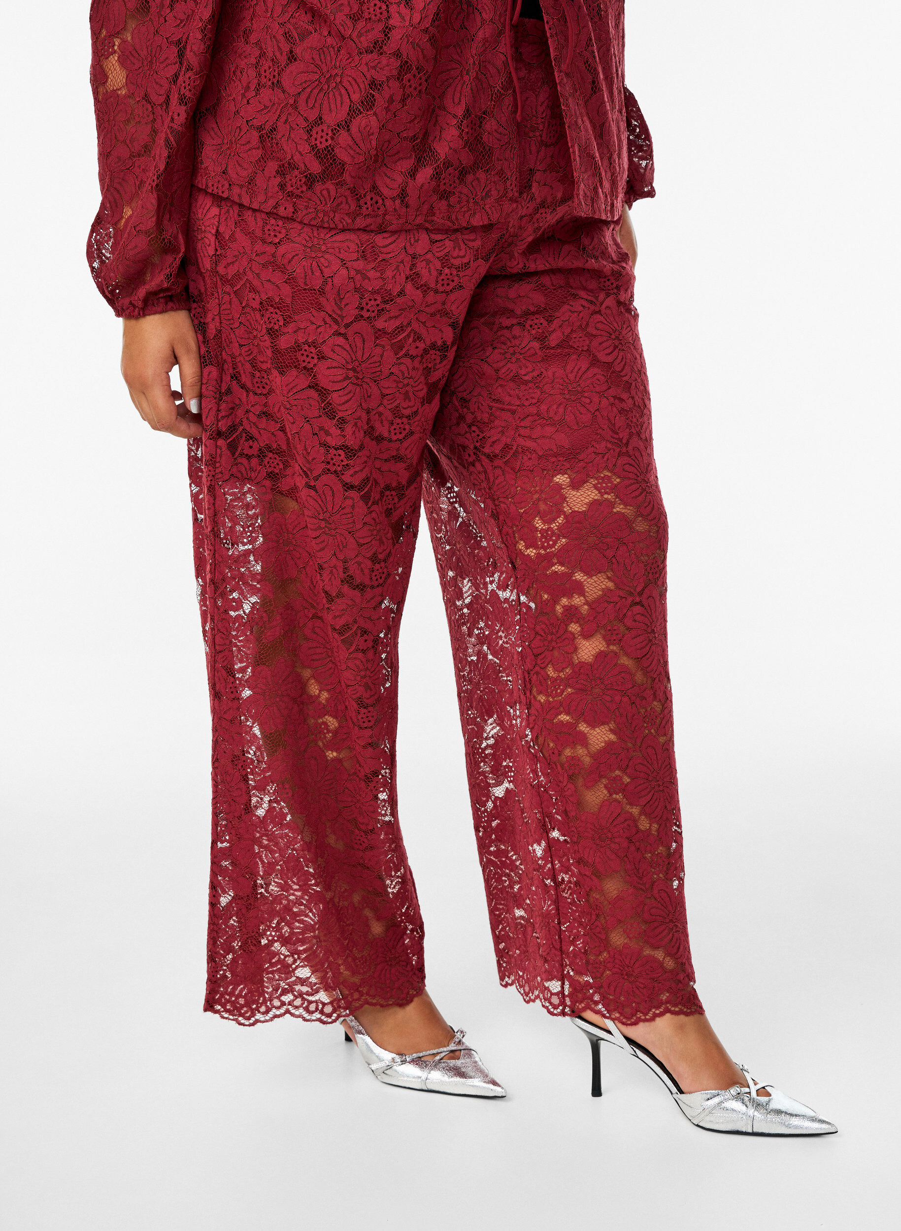 ZizziKanten broek met hoge taille en zakken, Donker Bordeaux, Model image number 2