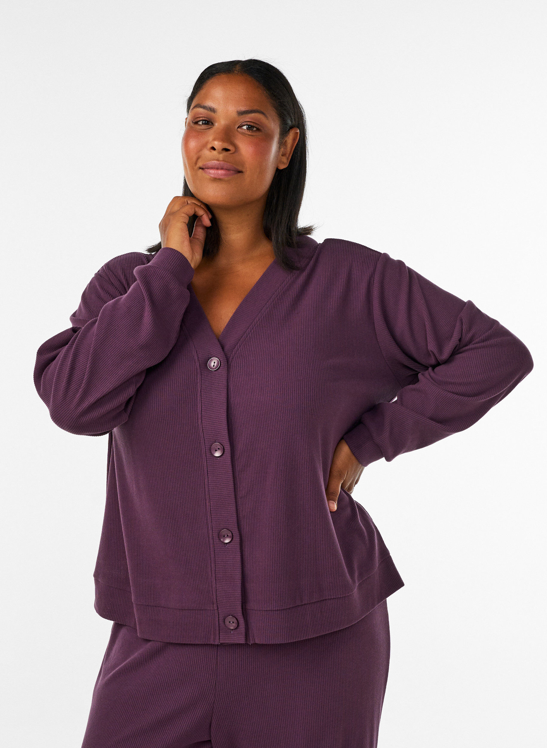 Geribd jersey vest met V-hals, Paars, Model