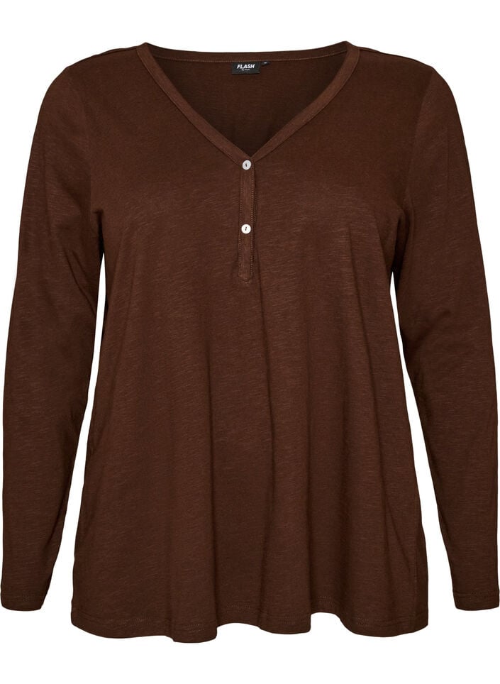 T-shirt met lange mouwen, V-hals en knopen, Bruin, Packshot image number 0