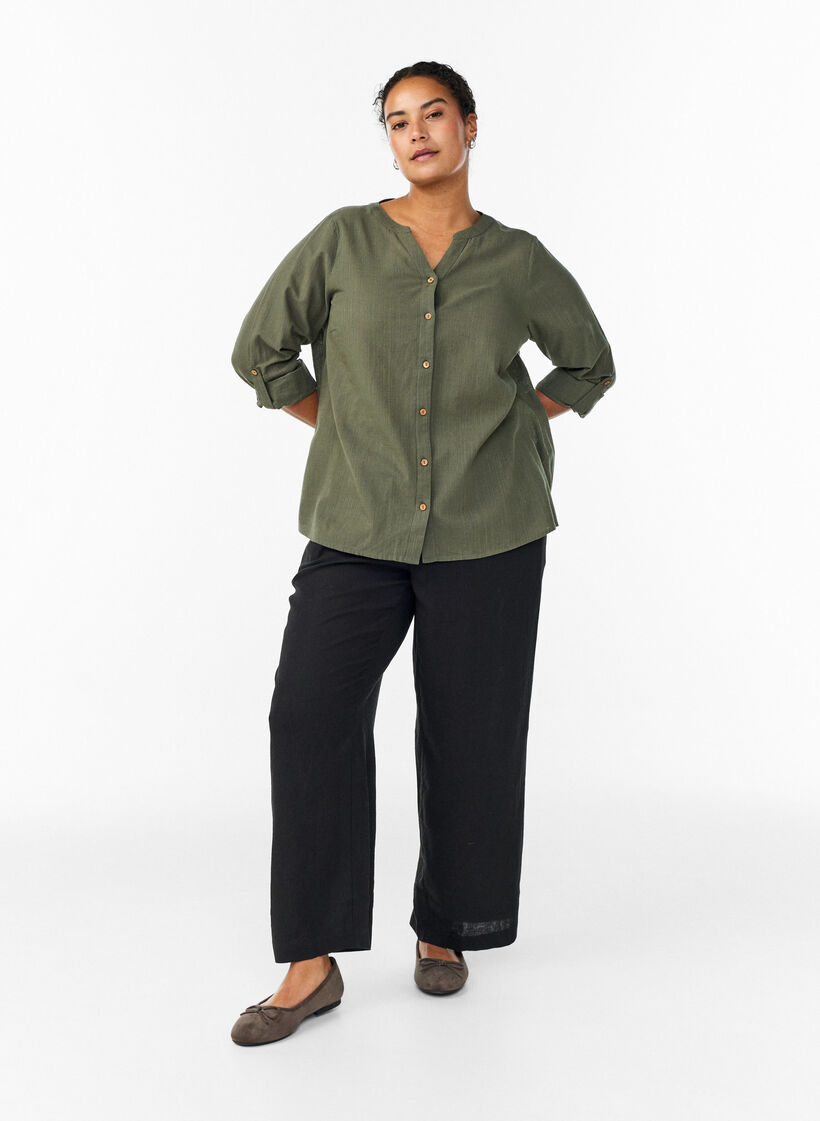 Katoenen blouse met V-hals, Groen, Model image number 1