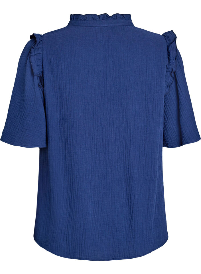 Blouse in katoen mousseline met broderie anglaise en 1/2 mouwen, Blauw, Packshot image number 1