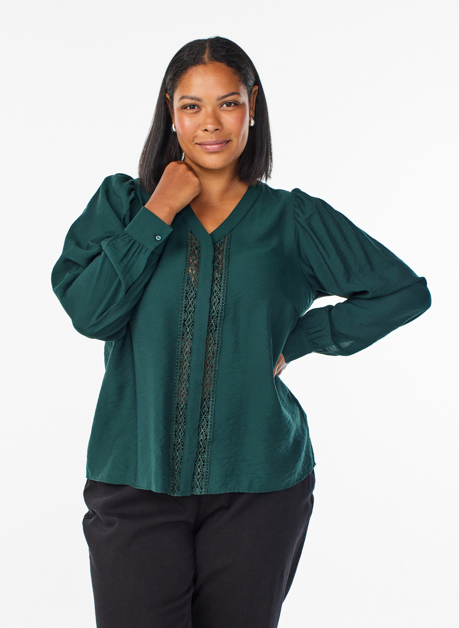 Blouse met V-hals en geborduurde banden, Groen, Model