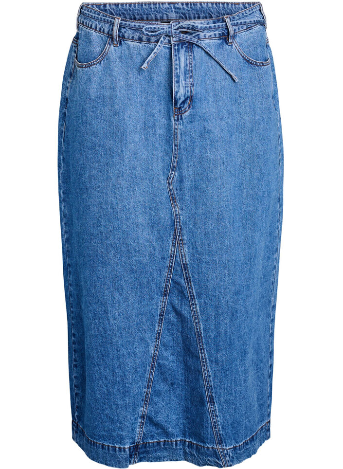 Denim maxirok met strikceintuur, Blue Denim, Packshot