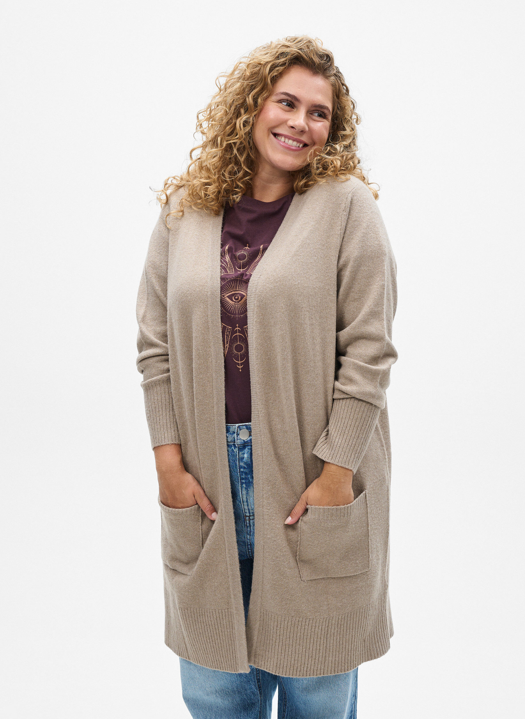 Geribd gebreid vest met zakken, Beige, Model