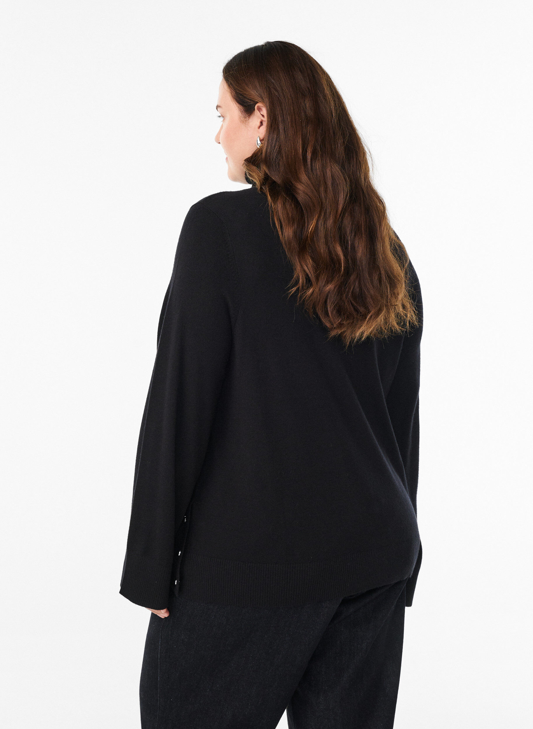 ZizziGebreide blouse met col en knoopjes aan de zijkant, Zwart, Model image number 2