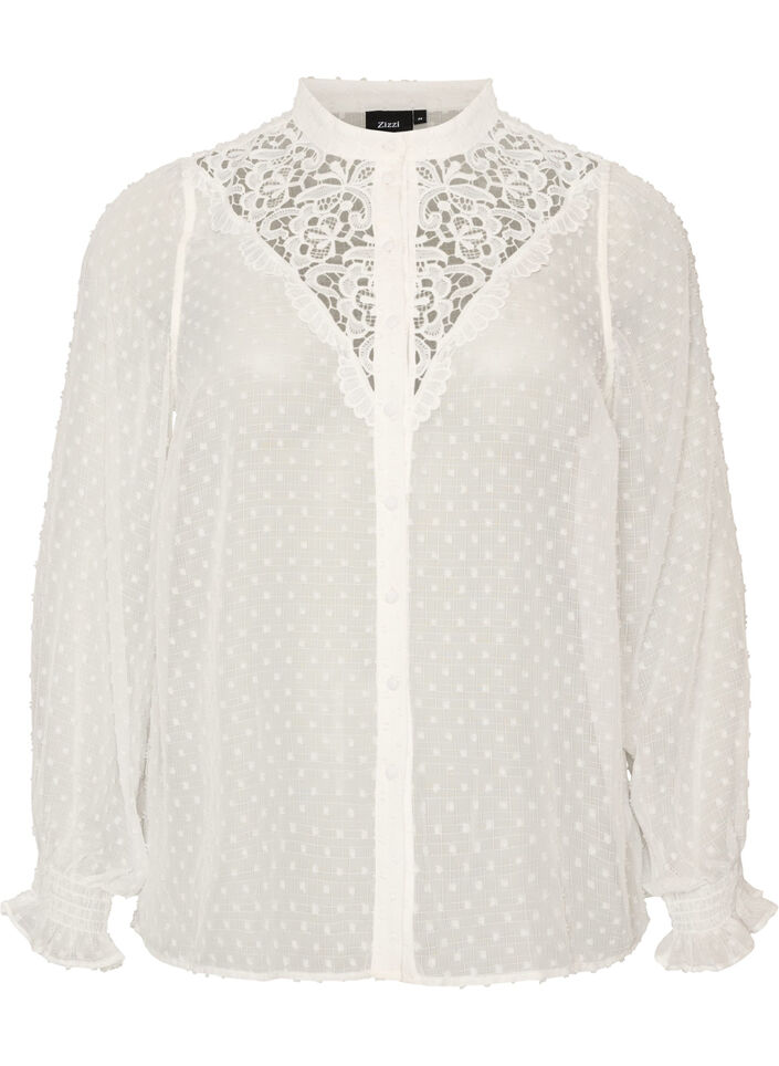 Overhemdblouse met kanten inzet en stippenpatroon, Vanille, Packshot image number 0