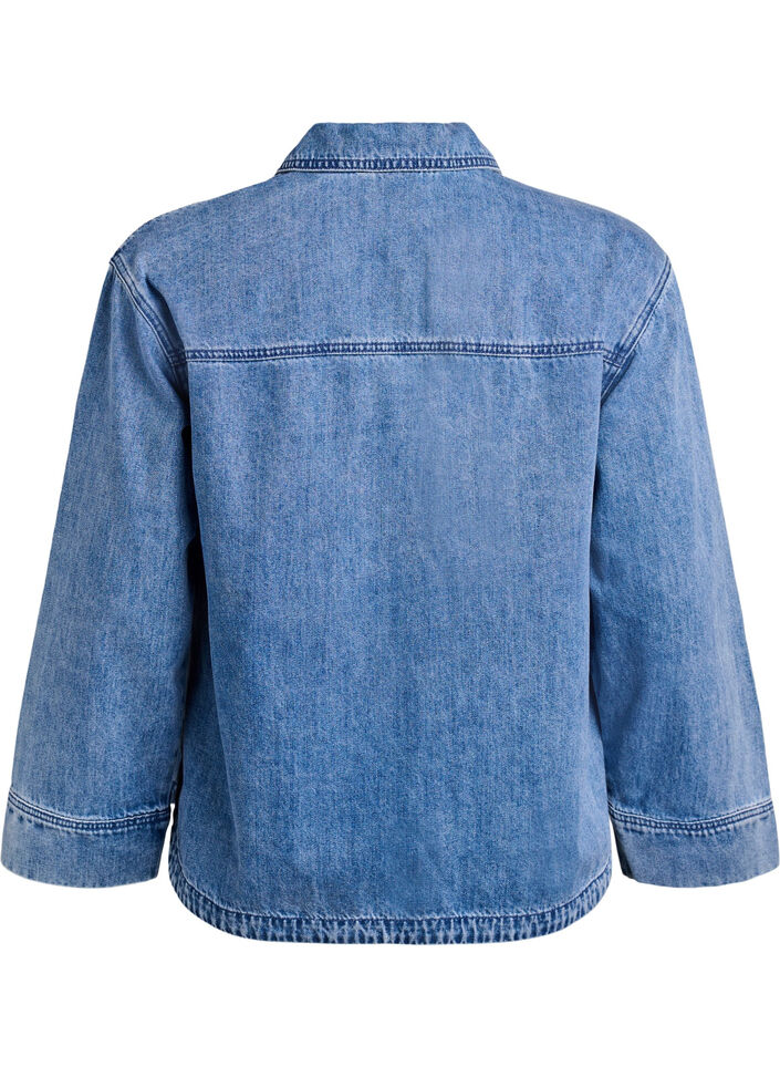Losse denim blouse met kraag en V-hals, Blauw, Packshot image number 1