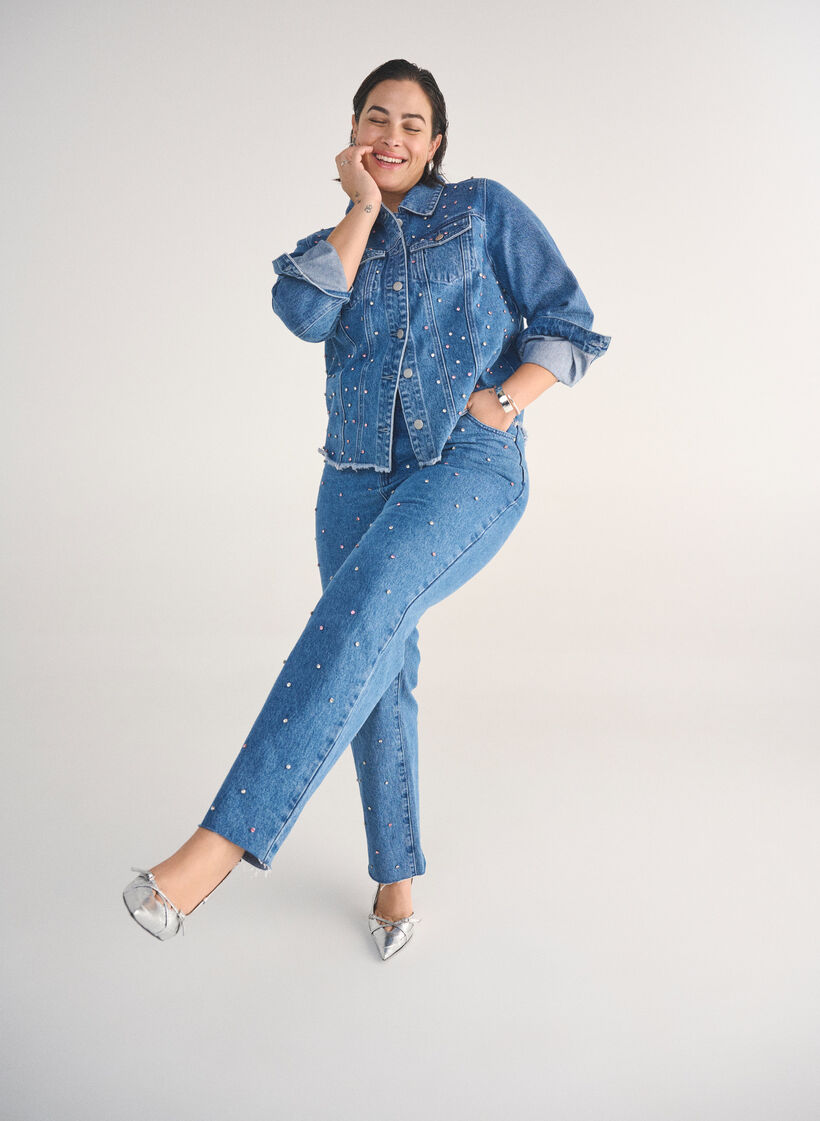 Hoog getailleerde Gemma jeans met strass-steentjes, Blue Denim, Image
