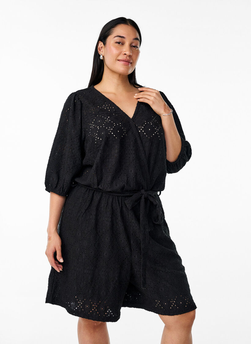 Playsuit met korte mouwen en strik, Black, Model