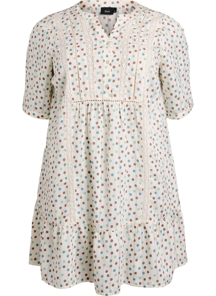 Korte viscose jurk met kanten afwerking en een A-lijn snit, Wit, Packshot image number 0