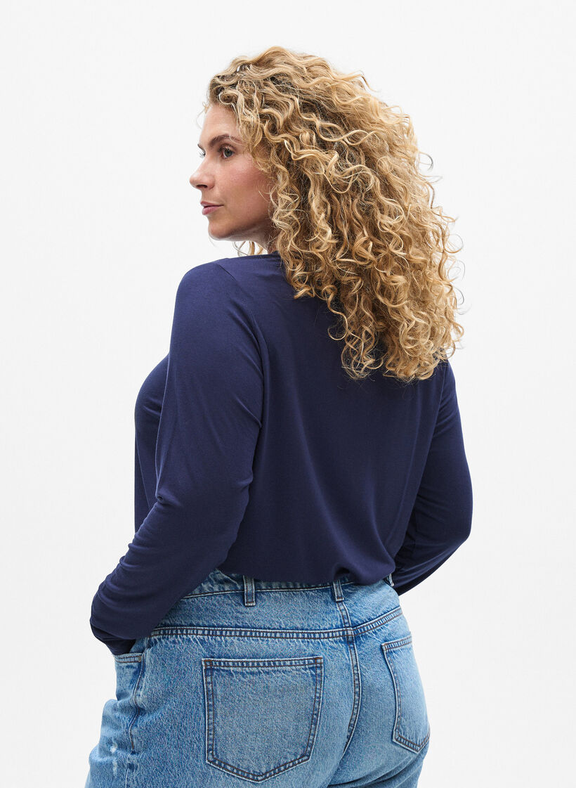 Blouse met lange mouwen in een effen kleur, Blauw, Model image number 2