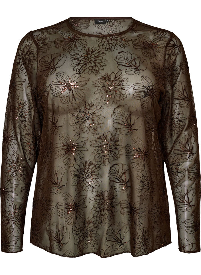 Mesh blouse met bloemen en pailletten, Bruin, Packshot image number 0