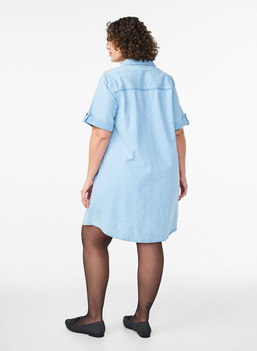 Denimjurk met korte mouwen en knopen, Blauw, Model image number 2